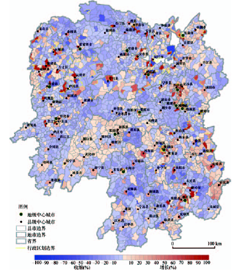 图上有1727个乡镇街道(占总数61%)出现了常住人口密度减少,人口收缩